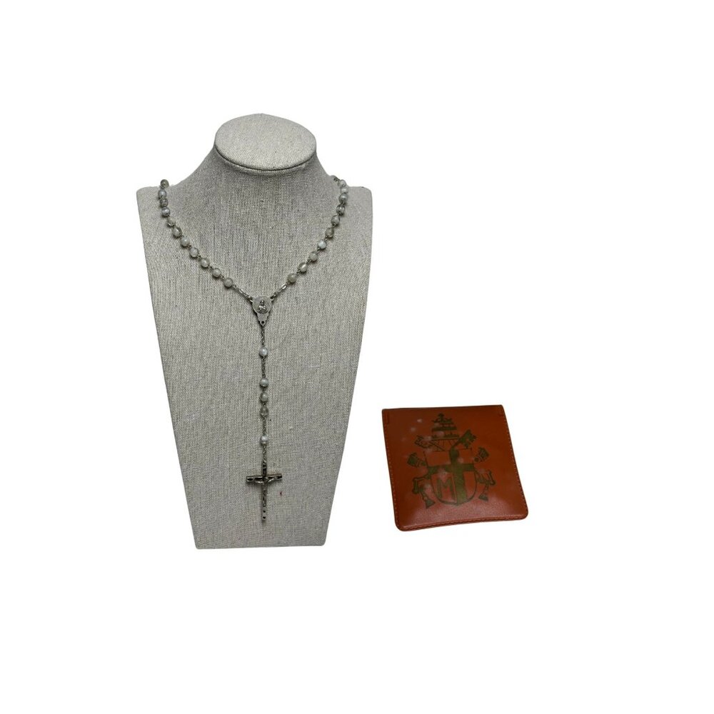 Vintage Italian Rosary with Pope Francis Coat of Arms Case, Made in Italy